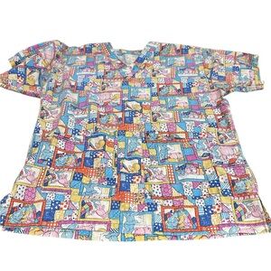 Vintage‎ Patchwork Medical Scrub Top Pastel Bunny Teddy Bear Duck Print Pockets